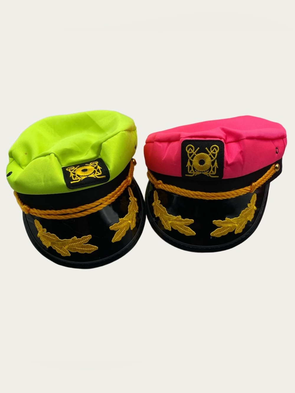 Amazon Neon Green and Hot Pink Captain Hats with Gold Trim - Set of 2